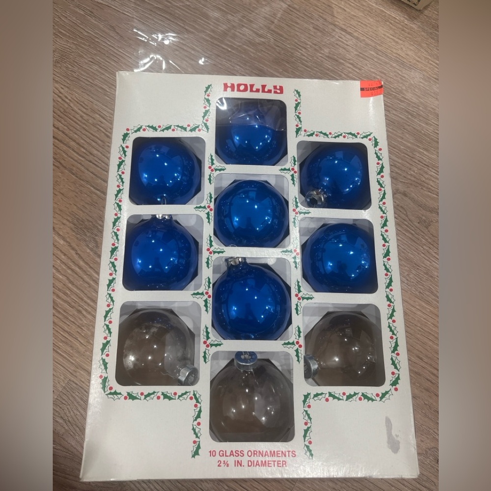 Vintage Holly American Made Glass Christmas‎ Ornaments Mixed Blue Clear Box 10